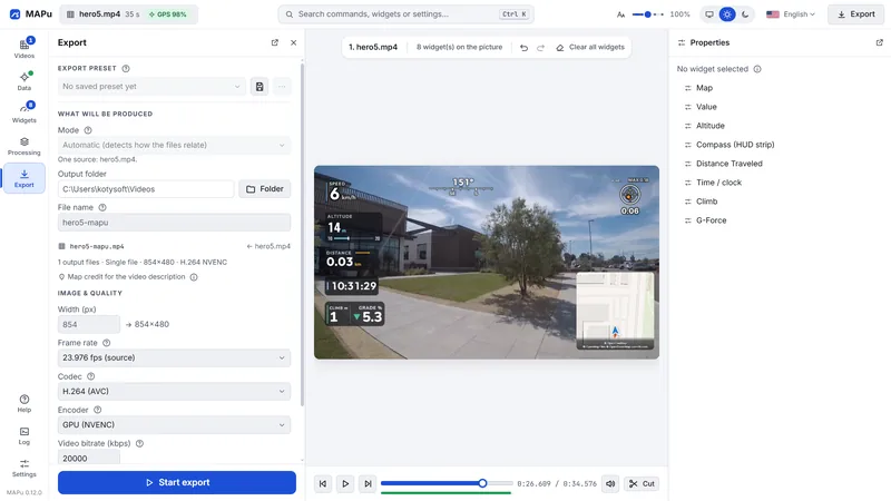 The MAPu Export drawer: output folder, file name, width, frame rate, codec (H.264), encoder (NVENC), bitrate and the Start export button, next to the video preview with the widgets.