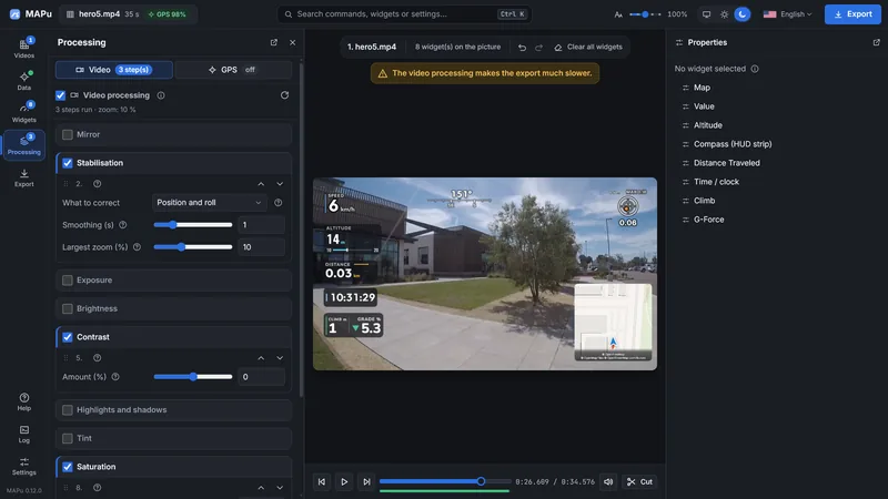 The Video tab of the Processing drawer: stabilisation, contrast and saturation switched on with their sliders; above the picture a notice that processing makes the export slower.