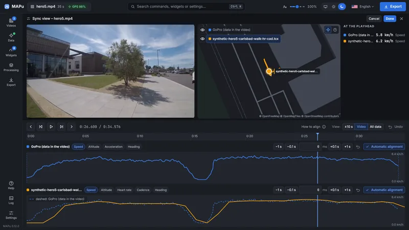 The sync view: the video and a dark map with the position marker at the top, the speed curves of the GoPro and a TCX file one under the other below, each with shift buttons (±1 s, ±0.1 s) and automatic alignment.