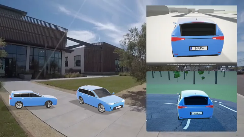 An exported frame with the built-in blue car in four 3D widgets: from the side and from the front on the pavement at the bottom left, from behind on the 3D map top right, from behind on the 3D scene's road bottom right.