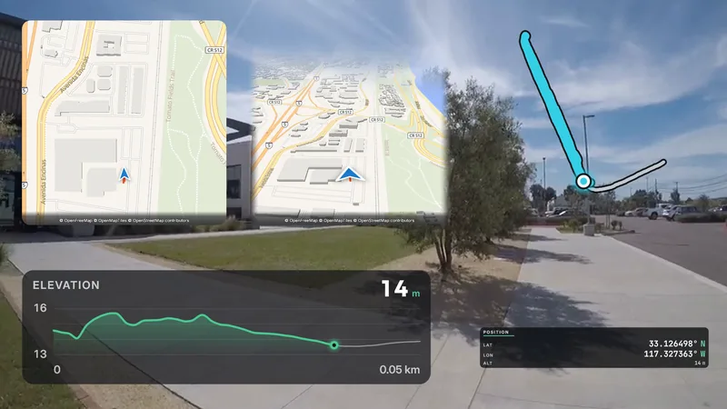 An exported frame with map widgets: a 2D street map with the position arrow top left, a 3D map with buildings next to it, the route trace on the right, an elevation profile and GPS coordinates at the bottom.